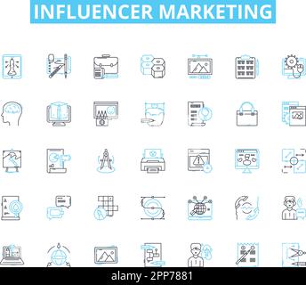 Set di icone lineari per il marketing degli influencer. Influenza, coinvolgimento, collaborazione, branding, social media, Strategia, vettore di linea nerking e segnali concettuali Illustrazione Vettoriale