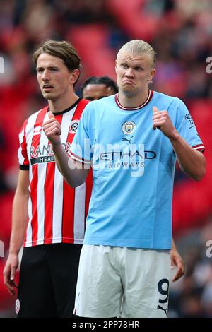 LONDRA, Regno Unito - 22nd aprile 2023: Erling Haaland di Manchester City reagisce durante la partita di semifinale della fa Cup tra Manchester City e Sheffield United allo stadio di Wembley. Credit: Craig Mercer/Alamy Live News Foto Stock