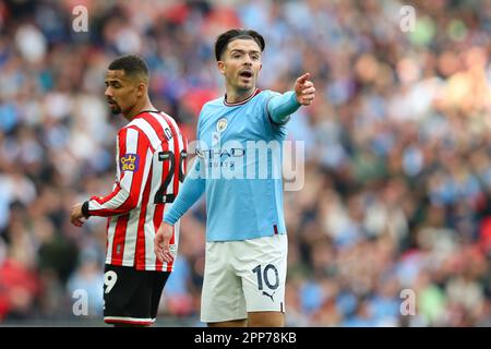 LONDRA, Regno Unito - 22nd aprile 2023: Jack Grealish di Manchester City reagisce durante la partita di semifinale della fa Cup tra Manchester City e Sheffield United allo stadio di Wembley. Credit: Craig Mercer/Alamy Live News Foto Stock