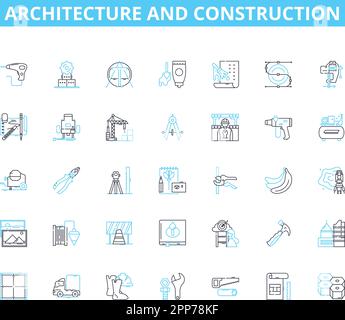 Architettura e costruzione icone lineari set. BluePrint, Fondazione, moderno, tradizionale, struttura, Design, vettore di linea innovazione e concetto Illustrazione Vettoriale