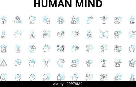 Set di icone lineari per la mente umana. coscienza, percezione, cognizione, emozione, memoria, intuizione, simboli vettoriali di ragionamento e segni di concetto di linea Illustrazione Vettoriale
