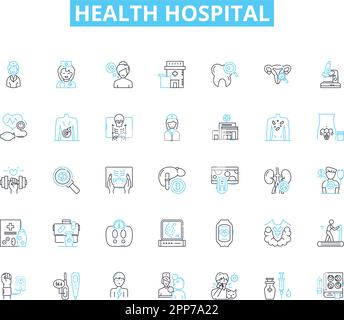 Set di icone lineari dell'ospedale sanitario. Benessere, trattamento, guarigione, guarigione, Chirurgia, Medicina, vettore di linea di emergenza e segnali concettuali. Riabilitazione Illustrazione Vettoriale