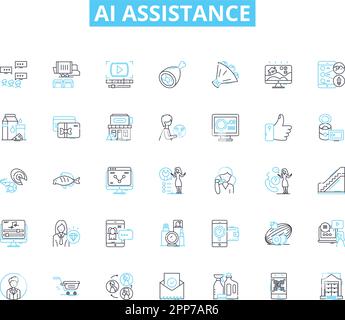 Icone lineari di assistenza ai impostate. intelligente, automatizzato, reattivo, chatbot, virtuale, segnali di concetto e vettori di linea algoritmici ad attivazione vocale Illustrazione Vettoriale