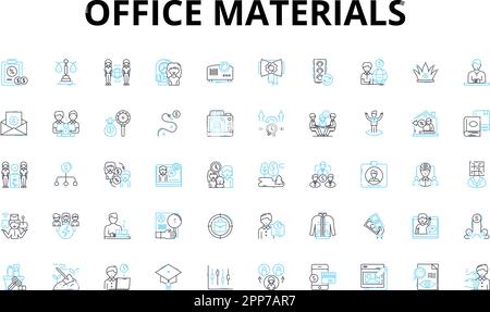 Set di icone lineari per materiali per ufficio. Scrivania, sedia, penna, carta, cucitrice, Nastri, simboli vettoriali forbici e segni di concetto di linea. Evidenziatore,marcatore Illustrazione Vettoriale