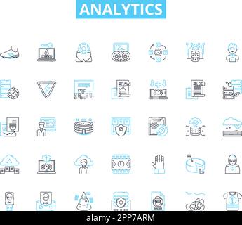 Set di icone analitiche lineari. Dati, metriche, approfondimenti, analisi, dashboard, Visualizzazione, vettore di linee trend e segnali concettuali. Rapporti, prestazioni Illustrazione Vettoriale