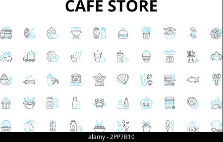 Cafe store icone lineari set. Caffè, latte, muffin, bagel, croissant, Simboli vettoriali per espresso, cappuccino e segni di concetto di linea. Sandwich, brunch Illustrazione Vettoriale