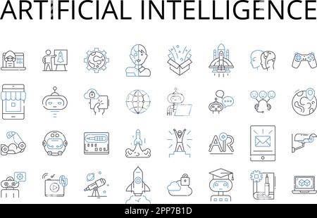 Collezione di icone della linea di intelligenza artificiale. Apprendimento automatico, elaborazione cognitiva, automazione digitale, sistemi autonomi, intelligenza robotica Illustrazione Vettoriale