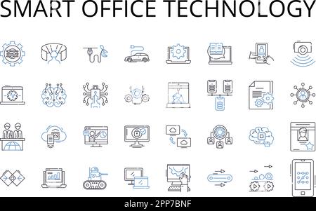 Collezione di icone di linea per la tecnologia Smart Office. Progettazione Web reattiva, algoritmi avanzati, marketing digitale, cloud computing, social media, Indossabile Illustrazione Vettoriale