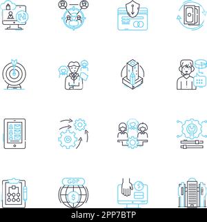 Set di icone lineari per il mercato libero. Concorrenza, incentivi, profitto, consumatore, approvvigionamento, Domanda, vettore di linea imprenditore e segnali concettuali. Innovazione Illustrazione Vettoriale
