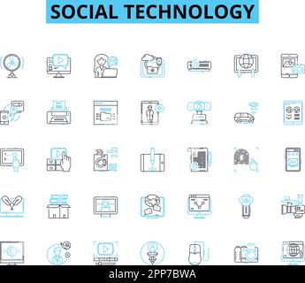 Set di icone lineari per la tecnologia sociale. Nerking, collaborativo, comunicazione, interazione, condivisione, Cybersicurezza, vettore di linea di accessibilità e concetto Illustrazione Vettoriale