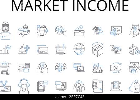 Mercato entrata linea icone raccolta. Utile lordo, interessi semplici, retribuzione annuale, utile netto, reddito disponibile, Reddito imponibile, utile operativo Illustrazione Vettoriale