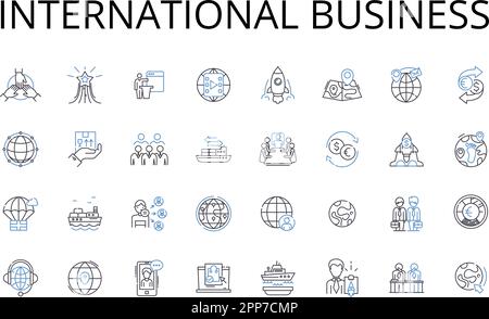 Collezione internazionale di icone business line. Commercio globale, commercio estero, affari multinazionali, rapporti transnazionali, economia mondiale, Croce Illustrazione Vettoriale