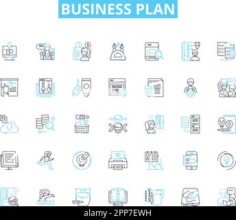 Set di icone lineari del business plan. Strategia, redditività, marketing, analisi, previsione, Finanziamento, vettore di linea di obiettivi e segnali di concetto. Espansione Illustrazione Vettoriale