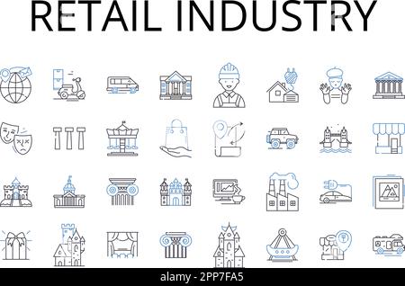 Collezione di icone della linea del settore retail. Settore pubblicitario, settore della moda, settore bancario, settore edile, scena del gioco, Film business, Salute Illustrazione Vettoriale