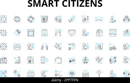 Set di icone lineari Smart Citizens. Connesso, digitale, innovativo, consapevole, proattivo, Simboli vettoriali collaborativi e impegnati e segnali di concetto di linea Illustrazione Vettoriale