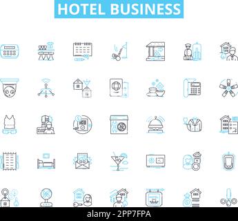 Hotel business linear icone set. Alloggio, ospitalità, Servizio, Comfort, Lusso, Viaggi, vettore di linea di stanza e segnali di concetto. Prenotazione Illustrazione Vettoriale