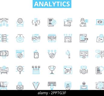 Set di icone analitiche lineari. Dati, metriche, approfondimenti, analisi, dashboard, Visualizzazione, vettore di linee trend e segnali concettuali. Rapporti, prestazioni Illustrazione Vettoriale