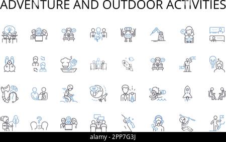 Collezione di icone delle linee di attività all'aperto e all'avventura. Esplorazione, scoperta, spedizione, Venture, quest, Escursione, vettore di Trek e illustrazione lineare Illustrazione Vettoriale