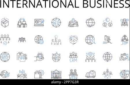 Collezione internazionale di icone business line. Commercio globale, commercio estero, affari multinazionali, rapporti transnazionali, economia mondiale, Croce Illustrazione Vettoriale