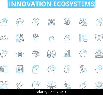 Set di icone lineari per gli ecosistemi di innovazione. Collaborazione, tecnologia, creatività, imprenditorialità, diversità, Incubatori, acceleratori vettore di linea e. Illustrazione Vettoriale