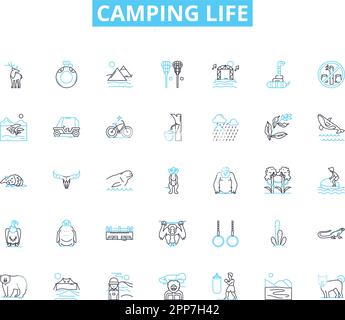 Camping vita lineare icone set. Avventura, Bonfire, zaino, tenda, Escursionismo, Marshmallow, Nature Line Vector e Concept Signs. All'aperto, Campfire Illustrazione Vettoriale