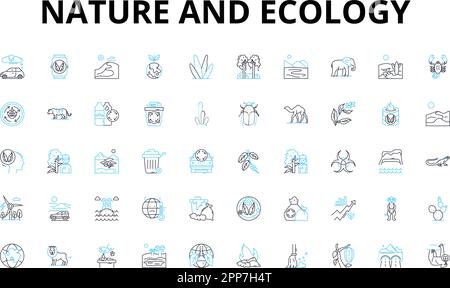 Set di icone lineari natura ed ecologia. Foresta, fiume, montagna, fauna selvatica, oceano, Soil, simboli vettoriali di Wilderness e segni di concetto di linea. Ecosistema Illustrazione Vettoriale