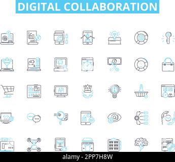 Set di icone lineari per la collaborazione digitale. Synergy, connettività, partecipazione, coinvolgimento, innovazione, Efficienza, flessibilità vettore di linea e concetto Illustrazione Vettoriale