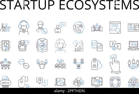 Raccolta di icone delle linee degli ecosistemi di avvio. Business Nerks, ecosistemi imprenditoriali, hub di innovazione, Comunità aziendali, Venture Landscapes Illustrazione Vettoriale