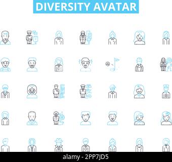 Set di icone lineari avatar diversità. Inclusività, rappresentazione, identità, uguaglianza, Cultura, Diversità, vettore di linea multiculturalismo e segnali concettuali Illustrazione Vettoriale