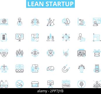 Set di icone lineari di avvio Lean. Agilità, innovazione, convalida, iterazione, crescita, Rischio, vettore di linea minimo e segnali concettuali. Realizzabile, mercato del prodotto Illustrazione Vettoriale