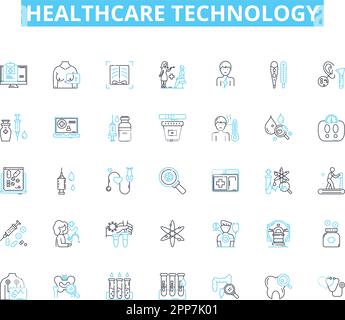 Set di icone lineari per la tecnologia sanitaria. Telemedicina, indossabili, cartelle cliniche elettroniche (EHR), intelligenza artificiale (ai), Blockchain, Telehealth Illustrazione Vettoriale