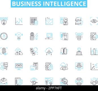 Set di icone lineari di Business Intelligence. Analisi, dati, approfondimenti, prestazioni, dashboard, Generazione di rapporti, vettore di linee di visualizzazione e segnali concettuali Illustrazione Vettoriale