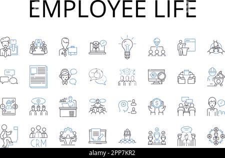 Raccolta di icone delle linee di vita dei dipendenti. Sicurezza del lavoro, Workspace wellness, Career milest, cultura del lavoro, rapporti con il personale, Condizioni di lavoro, capitale umano Illustrazione Vettoriale