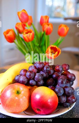 camera su tavola mele uva banane tulipani rosso rosa con bordo giallo gatto siede in fondo bianco armadi cucina contro la finestra bella casa mobili Foto Stock