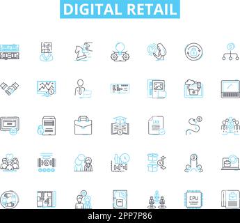 Set di icone lineari per il retail digitale. E-commerce, omnichannel, Personalizzazione, Mobile, ai, Segnali virtuali, vettoriali di linee aumentate e concettuali. Sociale Illustrazione Vettoriale