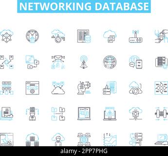 Set di icone lineari del database di rete. Connessione, collaborazione, relazioni, comunicazione, contatti, Condivisione, vettore di linee dati e segnali concettuali Illustrazione Vettoriale