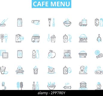 Icone lineari menu Cafe set. Brunch, caffè, dolci, panini, insalate, Smoothies, vettore di linea del tè e segni di concetto. Colazione, dessert, bagel Illustrazione Vettoriale