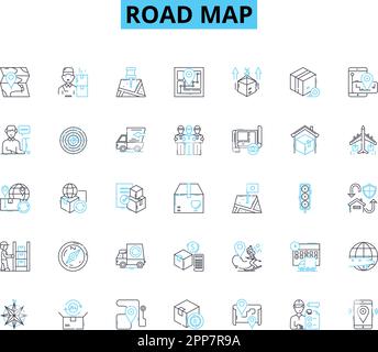 Icone lineari della mappa stradale impostate. Navigazione, indicazioni, percorsi, Pianificazione, marcature, Simboli, segni vettore di linea e segnali concettuali. Sentieri, autostrade Illustrazione Vettoriale