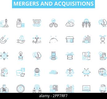 Set di icone lineari per fusioni e acquisizioni. Consolidamento, integrazione, sinergia, diluizione, acquisizione, Amalgamazione, vettore di linea di acquisto e segni di concetto Illustrazione Vettoriale