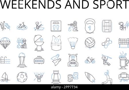 Weekend e collezione di icone della linea sportiva. Il sabato e le attività sportive, la domenica e la ricreazione fisica, il fine settimana e giochi all'aperto, giorni di riposo e. Illustrazione Vettoriale