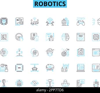 Set di icone lineari per robotica. Automazione, ai, Meccanica, programmazione, Sensori, Macchina, algoritmi vettore di linea e segnali concettuali. Innovazione, tecnologia Illustrazione Vettoriale