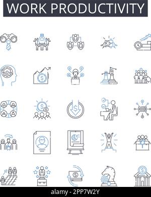 Raccolta di icone della linea di produttività del lavoro. Gestione del tempo, efficienza del lavoro, completamento delle attività, qualità dell'output, percentuale di prestazioni, Quantità di output Illustrazione Vettoriale