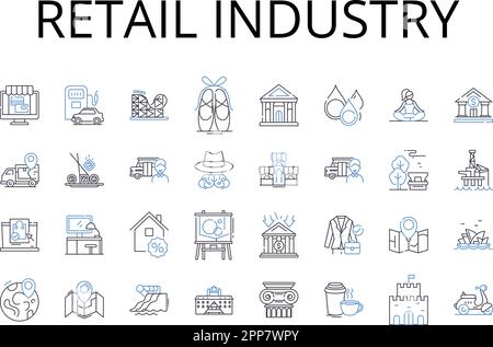 Collezione di icone della linea del settore retail. Settore pubblicitario, settore della moda, settore bancario, settore edile, scena del gioco, Film business, Salute Illustrazione Vettoriale