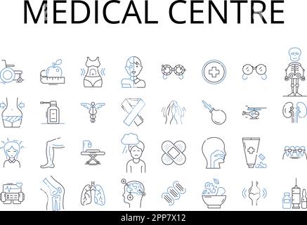 Collezione di icone della linea del centro medico. Ospedale, clinica, centro di salute, clinica sanitaria, struttura medica, Centro sanitario, vettore infermeria e lineare Illustrazione Vettoriale