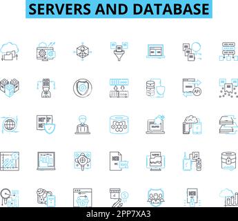 Set di icone lineari per server e database. Affidabilità, capacità, scalabilità, ridondanza, uptime, Sicurezza, vettore di linea di prestazioni e segnali concettuali Illustrazione Vettoriale