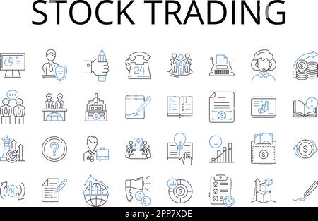 Collezione di icone della linea di negoziazione di azioni. Forex trading, fondi comuni di investimento, Commodity trading, Investment banking, Share dealing, Day trading, Portfolio Illustrazione Vettoriale