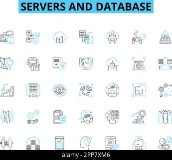 Set di icone lineari per server e database. Affidabilità, capacità, scalabilità, ridondanza, uptime, Sicurezza, vettore di linea di prestazioni e segnali concettuali Illustrazione Vettoriale