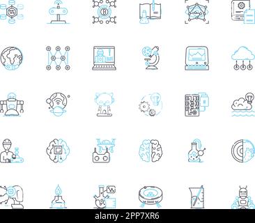 Dispositivi tecnologici icone lineari set. Smartph, tablet, notebook, desktop, smartwatch, Headphs, Camera Line Vector e Concept Signs. Dr, giochi, console Illustrazione Vettoriale