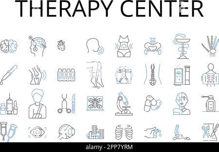 Collezione di icone della linea centrale di terapia. Clinica sanitaria, centro benessere, centro trattamenti, centro di guarigione, casa di recupero, Strutture per riabilitazione, Fitness Illustrazione Vettoriale