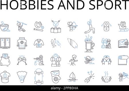 Hobby e collezione di icone linea sport. Passatempo, attività ricreative, interessi, divertimenti, Deviazioni, Extracurricular Illustrazione Vettoriale